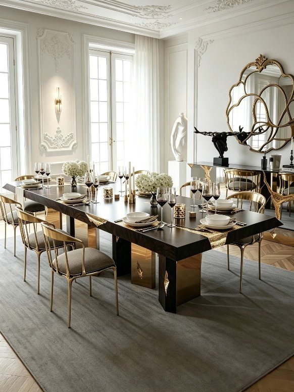 Dining room set with brass-based table and chairs